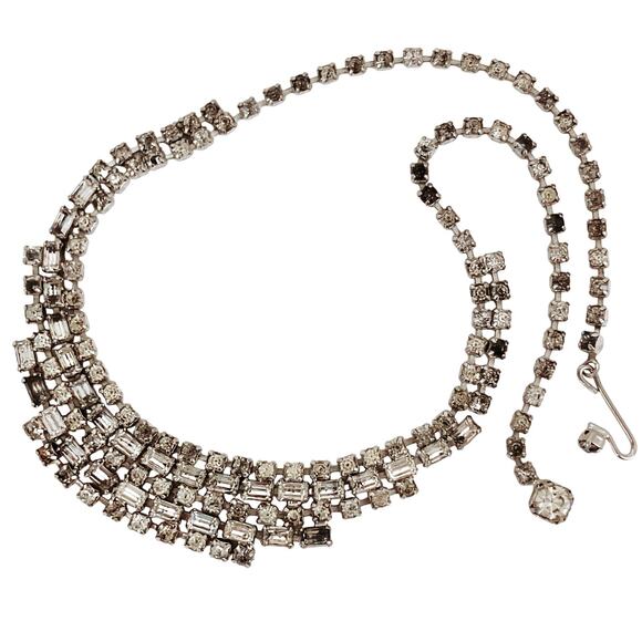Vintage 1950s Clear Rhinestone Choker Necklace Mid Century Silver Tone Cocktail - Picture 1 of 12